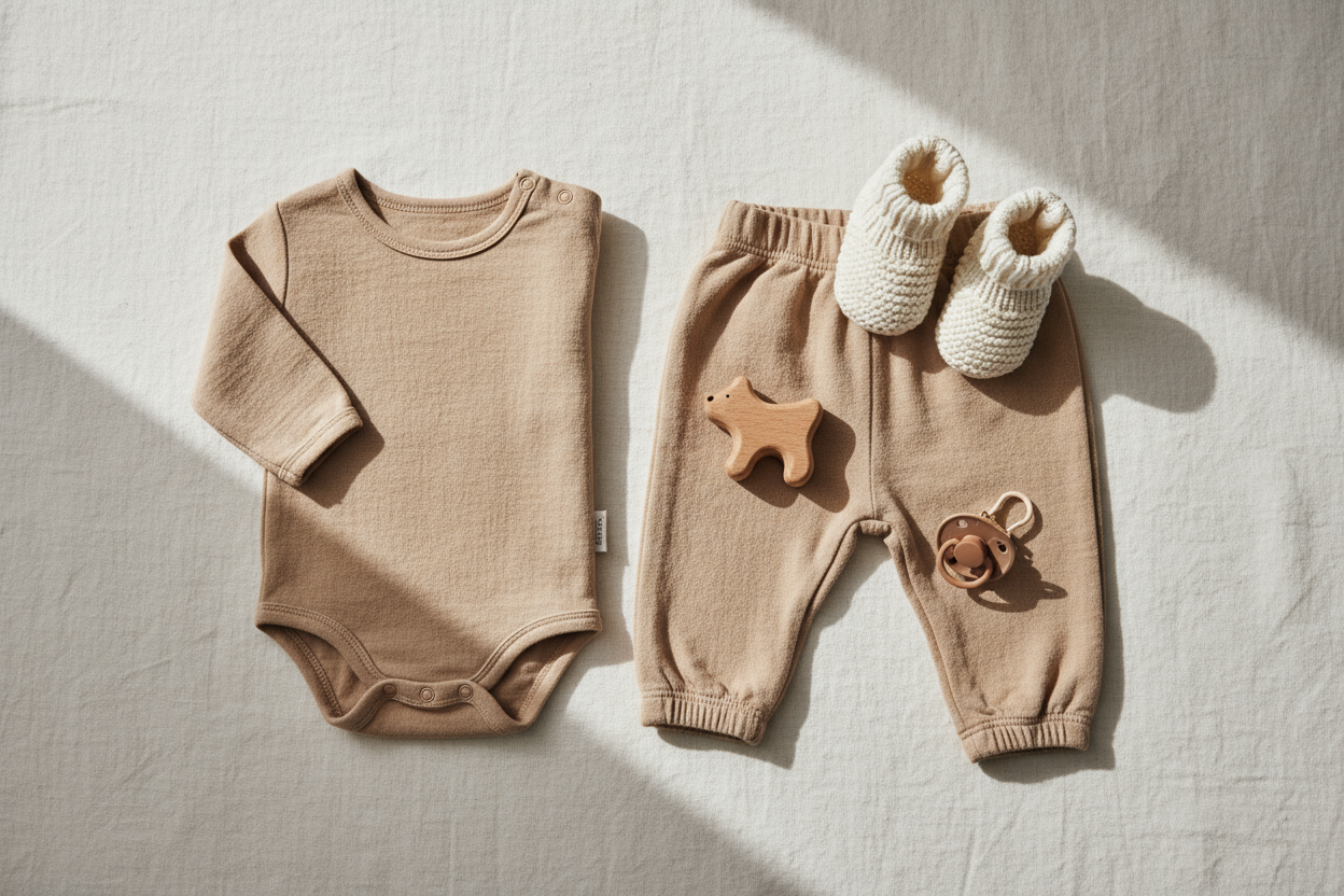 
Een minimalistische en zachte flatlay voor een premium baby- en kinderkledingmerk.
Natuurlijke beige en warme neutrale tinten, linnen en katoenen stoffen, een klein baby-outfitje netjes gevouwen met subtiele accessoires (slofjes, houten speelgoed, speen).
Gestyled op een lichte achtergrond met natuurlijke schaduwen.
Elegante, tijdloze uitstraling met Scandinavisch en Frans gevoel, geschikt als webshop-banner in hoge resolutie