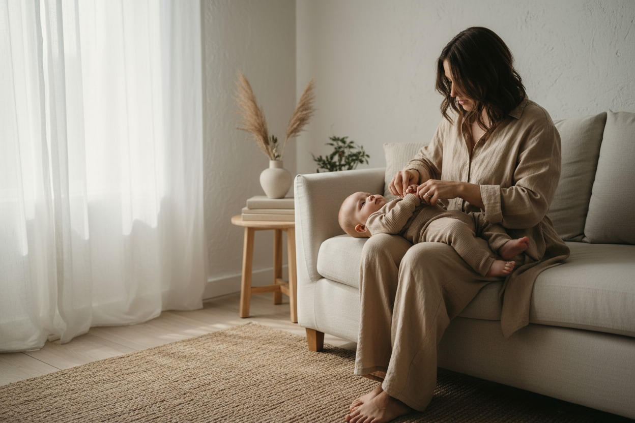 
Een zachte, natuurlijke lifestylefoto van een moeder die haar baby voorzichtig aankleedt in neutrale, organische kleding.
Warme daglichtverlichting, knusse minimalistische kamer, linnen stoffen, beige en zandtinten.
De sfeer is premium, rustig en liefdevol — een mix van Scandinavische en Franse stijl.
Focus op texturen, natuurlijke lichtinval en een teder moment tussen ouder en kind.
Hoge resolutie, tijdloze, elegante stijl — geschikt voor een luxe Shopify-banner